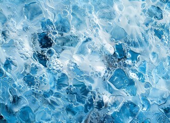 Abstract blue ice background with texture of water bubbles and ripples, top view.