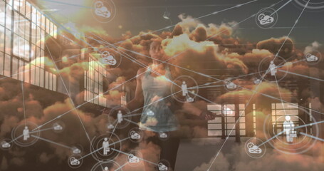 Image of network of connections over fit caucsaian woman with jumping rope and clouds