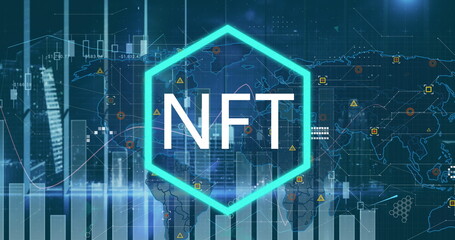 Image of nft symbol over graph and data processing over world map on blue background