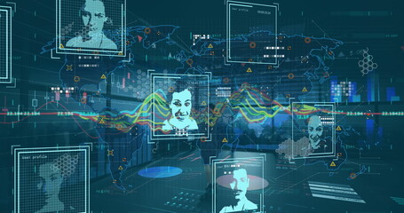 Image of graphs, icons, world map and user photos in digital office