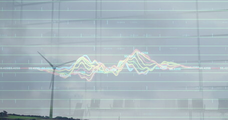 Image of financial data processing over wind turbine in countryside