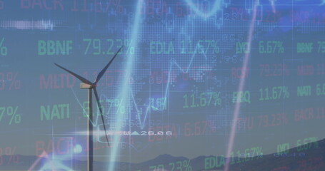Image of financial data processing over wind turbine in countryside