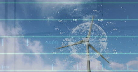 Image of globe with data processing over wind turbine in countryside