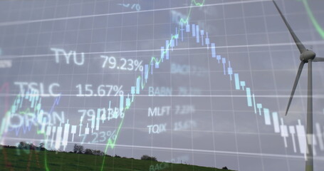 Image of financial data processing over wind turbine in countryside