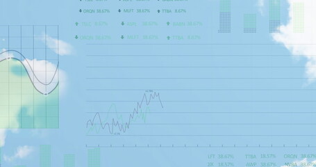 Image of financial data processing over clouds on blue sky