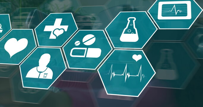 Composition of dna strand and network of hexagons over male doctors hand