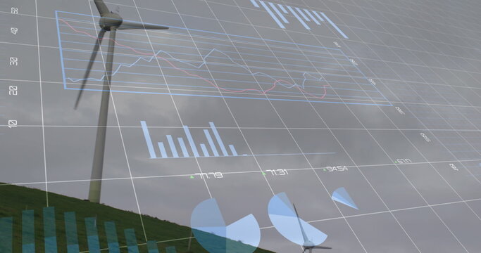 Image of financial data processing over wind turbine in countryside - Powered by Adobe