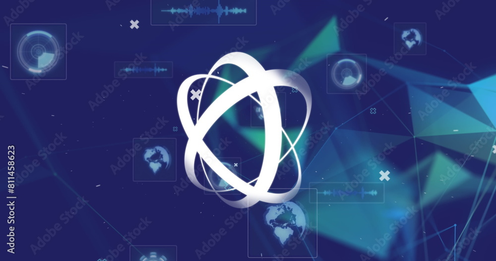 Poster image of abstract shape spinning over round scanners and plexus networks on blue background