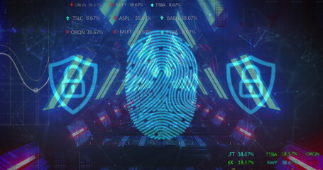 Image of fingerprint and padlocks over neon lights and data processing on black background