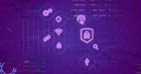 Image of media icons and data processing on purple background