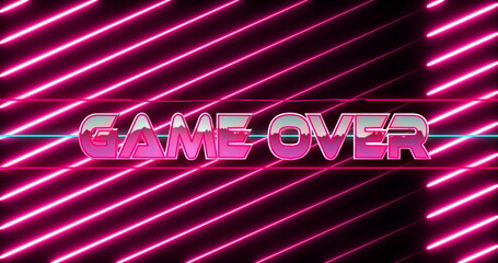 Image of game over text in white letters over purple moving red light trails
