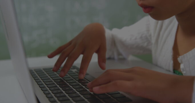 Image of data processing over asian girl using laptop