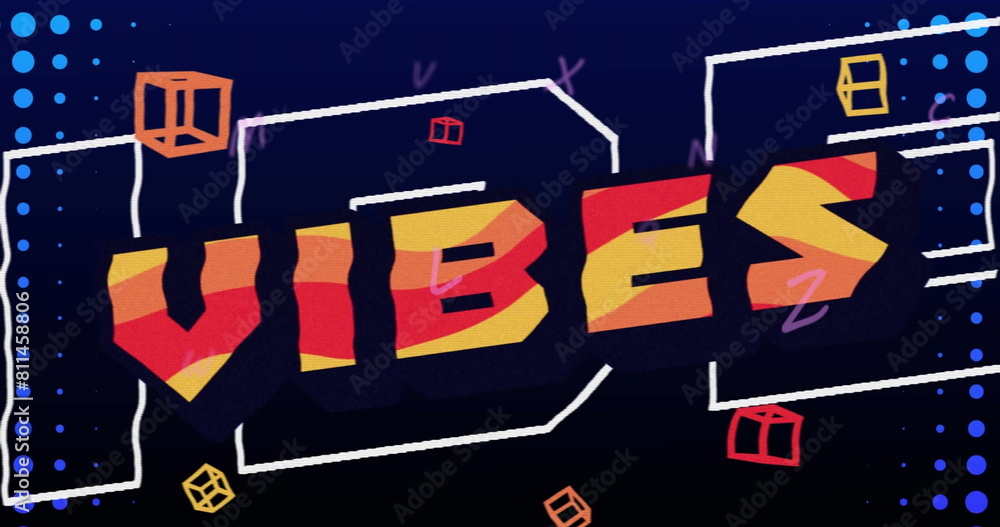 Aufkleber image of vibes text and falling shapes over black background