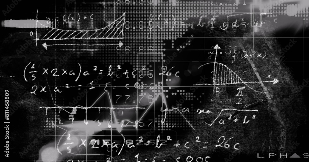 Poster this image features mathematical formulae appearing on a black and white background