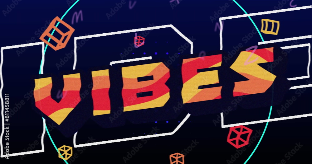 Poster image of vibes text and falling shapes over black background