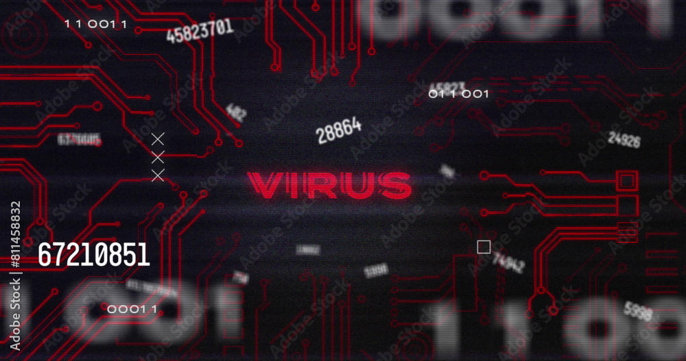 Poster image of multiple numbers, virus text and glitch technique over circuit board texture