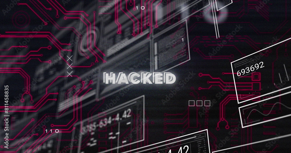 Poster image of hacked text, hud interfaces, binary codes, circuit board texture over black background