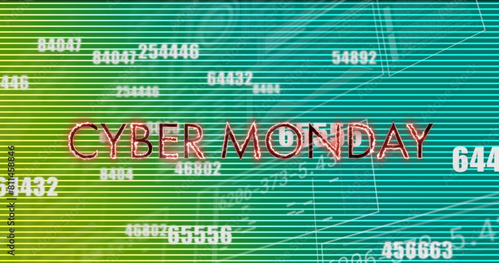 Poster image of cyber monday text over data processing on green background
