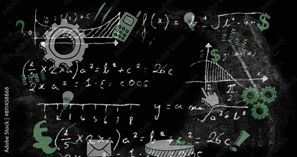 Poster image of icons, graphs and mathematical equations against abstract background