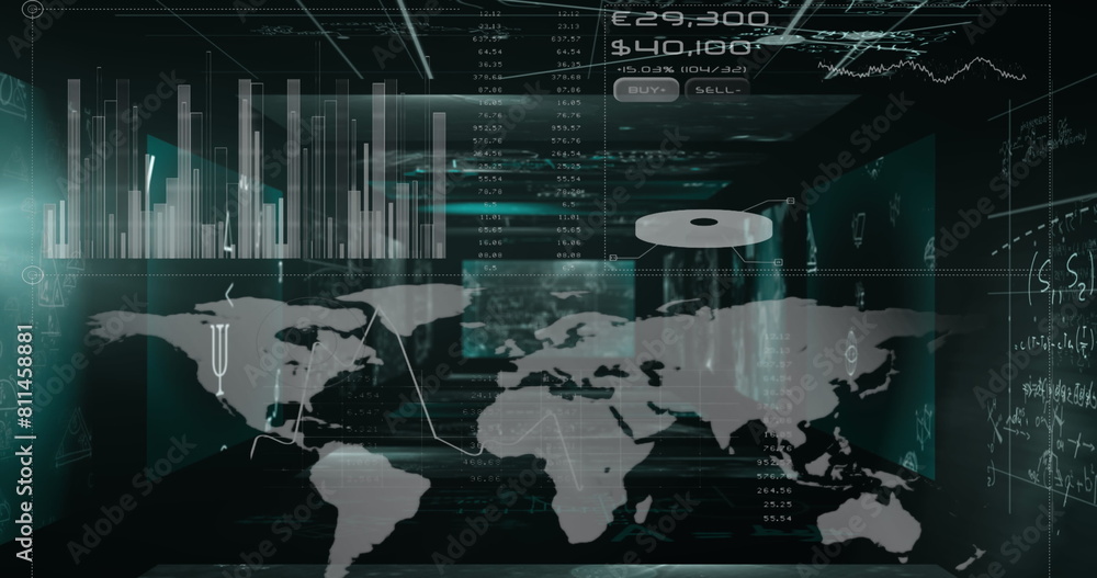 Poster image of graphs, circle and numbers over map against mathematical equations in background