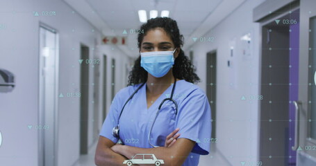 Image of data processing and icons over african american female doctor