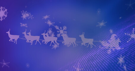 Image of snow falling over santa claus in sleigh with reindeer on blue background