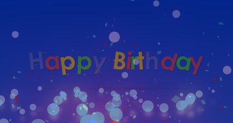 Image of confetti falling and light spots over happy birthday text on blue background