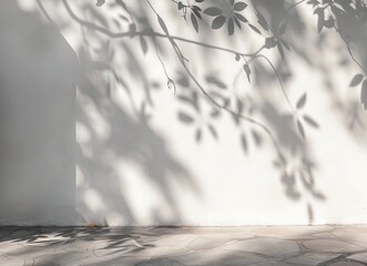 Abstract shadow and light effect on white wall background, sunlight through window with dappled shadows, monochrome, high resolution, sharp focus.