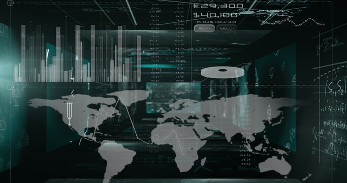 Image of graphs, circle and numbers over map against mathematical equations in background