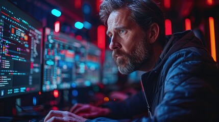 A malevolent hacker in a black hoodie hunched over a computer terminal in a dimly lit room.