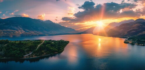 Aerial view of the iconic scenic drive along Mount Makic, British Columbia Canada at sunrise.