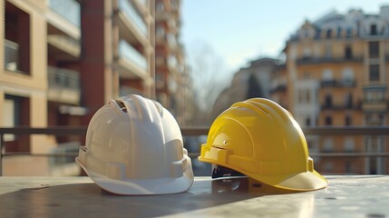 Two construction helmets on a table, one white and the other yellow, with a blurry building in the background