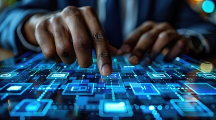 A person using a futuristic touch screen interface.