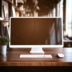 A professional photo of a modern iMac computer on a wooden desk