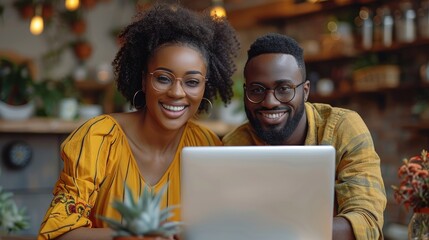 A young couple is sitting at a table in a cafe, looking at something on a laptop. They are both smiling.