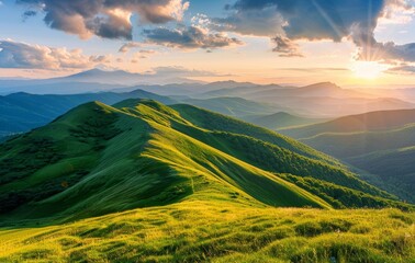 Beautiful mountain landscape with green hills and mountains under a sunset sky in summer, a beautiful natural view of the Tianshan Mountains in the evening time in a green valley. - Powered by Adobe