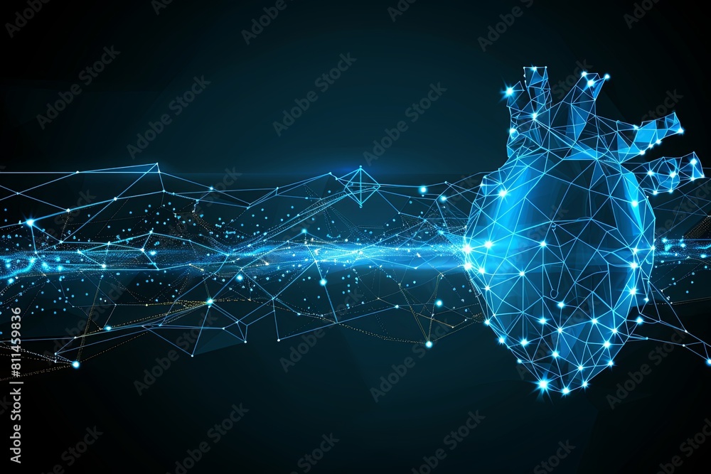 Poster a blue heart shape with intersecting lines and dots connecting to create a network pattern. generati