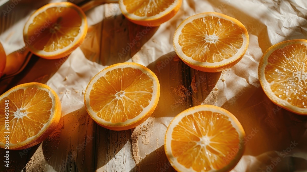 Poster sliced oranges displayed on the table