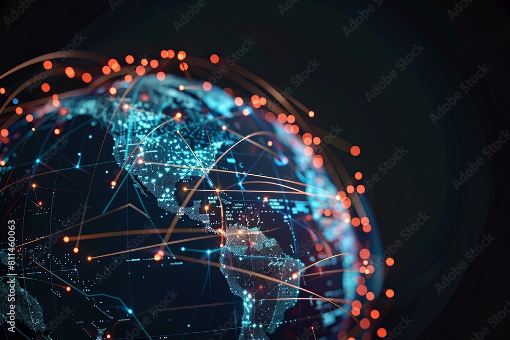 Poster an illustration of a globe covered in interconnected lines and dots, showcasing global connectivity 
