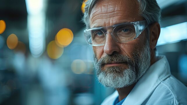 Thoughtful senior scientist wearing lab coat and safety glasses looking at camera in modern laboratory. - Powered by Adobe