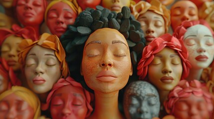 A group of people with different colored faces and hair