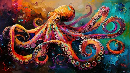Fototapeta premium Witness the Dazzling Beauty of an Octopus, Its Many Tentacles a Kaleidoscope of Colors, as It Swims Through a Vibrant Underwater Realm