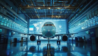 A digital twin of an airplane being used by aerospace engineers to test flight conditions and system reliability in a virtual environment
