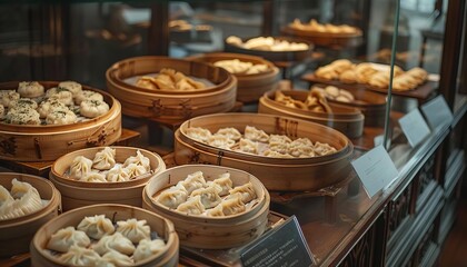 A display in a museum showcasing the history and cultural significance of dumplings from around the world