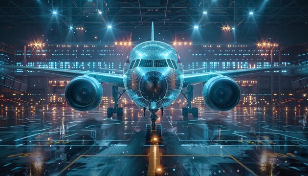 A digital twin of an airplane being used by aerospace engineers to test flight conditions and system reliability in a virtual environment