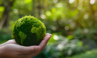 Close up of hands holding the green planet Earth
