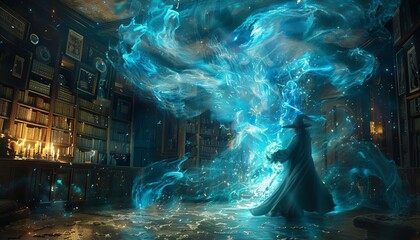 A fantasy scene where a wizard casts a discombobulation spell, causing everything in the room to levitate and swirl