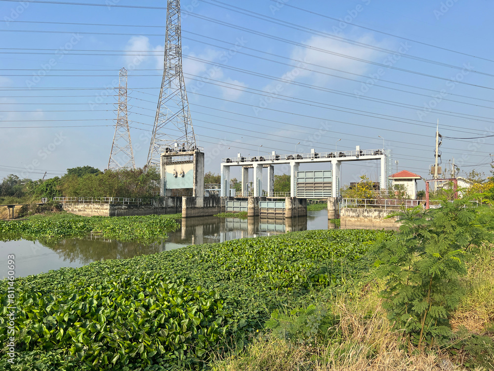 Poster the bridge and dam in the river