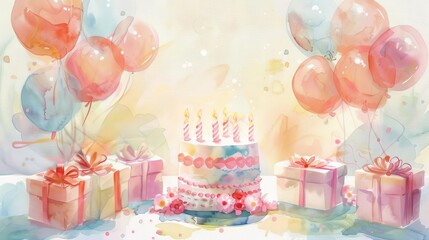 Paint a charming watercolor illustration of a birthday scene, such as a cake surrounded by presents and balloons Use soft, blended colors and delicate brushstrokes to achieve a whimsical and dreamy ef