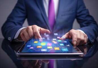 Businessman touching a digital tablet with app icons floating, in the style of web design and technology online concept.